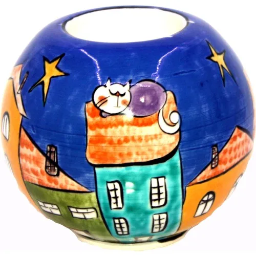 Authentic Tile Turquoise Home Roofer Cat Porcelain Circle Candle holder