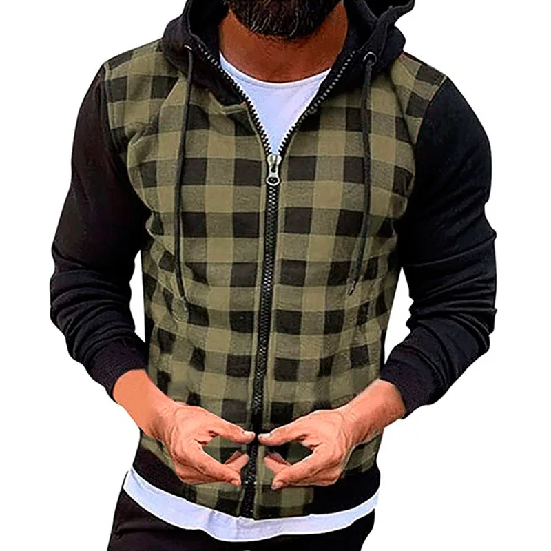 Men\'s Jackets 2021New Casual Slim Plaid Bomber Jacket Men Autumn Winter Long Sleeve Zipper Hooded Cardigan Windbreakers Coat Men