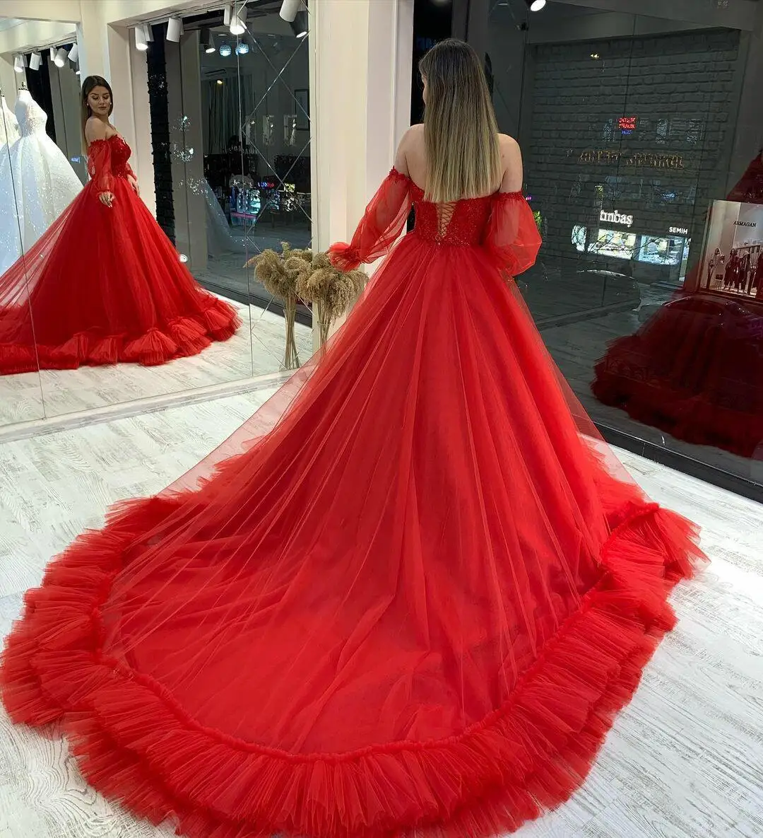 Elegant Red Prom Dresses Long Vestidos Puffy Sleeve Tulle Backless Formal Evening Party Gowns Beauty Pageant Dresses 2022 платье