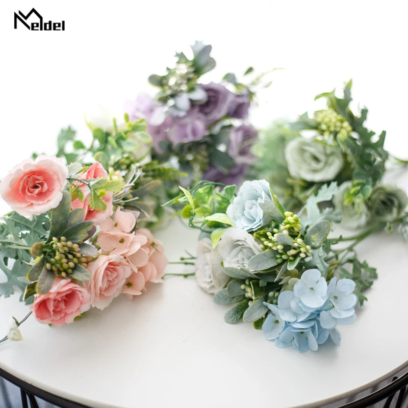 Meldel MINI Bouquet ผ้าไหมกุหลาบประดิษฐ์ดอกไม้ปลอมไฮเดรนเยีย DIY ดอกไม้สีม่วงงานแต่งงานตกแต่งตาราง