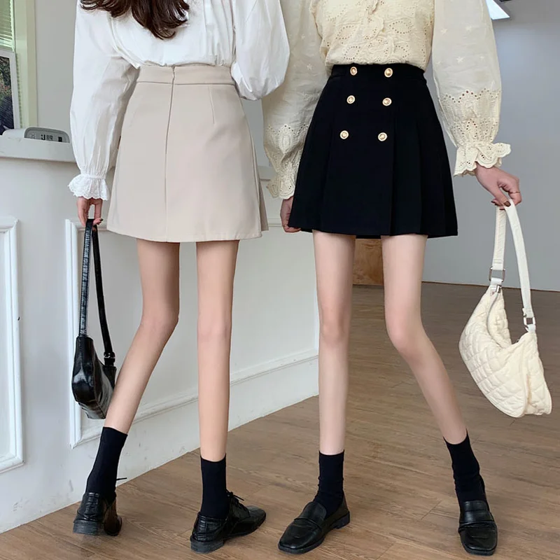 Pleated Skirts Women Mini Solid Preppy Simple All-match Button Casual High Waist Trendy Korean Style New Arrival Vintage Cozy