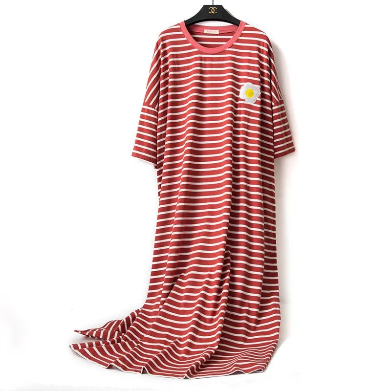 Cotton Striped Nightgown M-6XL Women Short Sleeve Homewear Nightdress Casual Lounge Home Gown Summer New Long Sleepwear Big Size