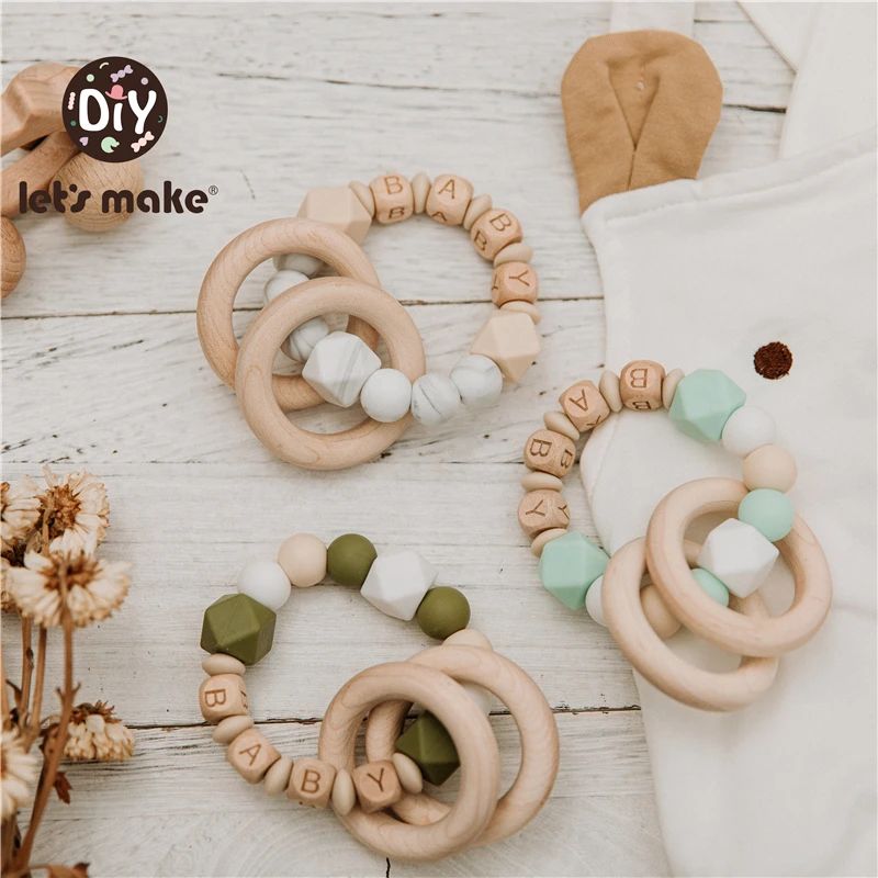 LET'S MAKE-Bracelets en Silicone pour Bébé, Perles en Hêtre TeWindsor, Hochets avec Nom Personnalisé, Cadeau d'Allaitement pour Nouveau-Né, Jouets en Bois, 2020