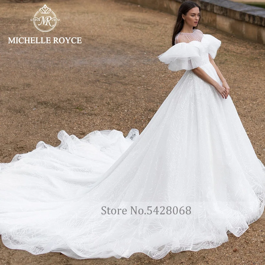 Michelle Royce A-Ling ชุดแต่งงานเซ็กซี่ Scoop Batwing แขนภาพลวงตาซิป Royal Train ชุดเจ้าสาว Vestido De Noiva