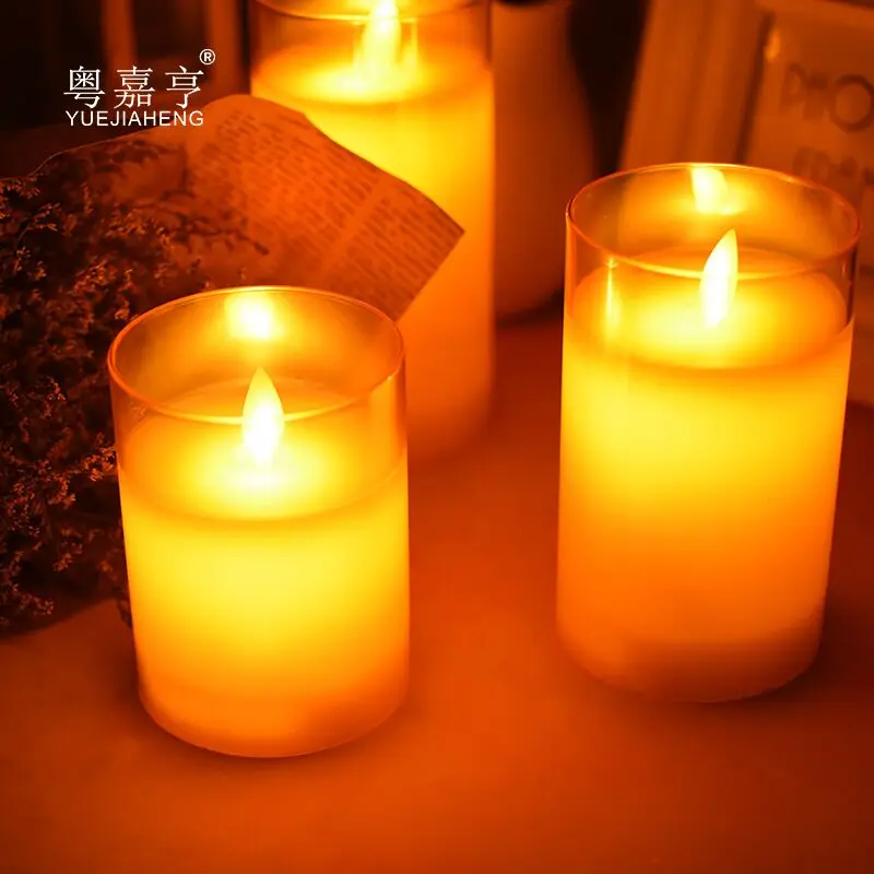 Rechargeable Remote controlled Flickering Flame Pillar Candle Paraffin Wax LED Glass Candle Set Dancing wick Home Decorati-Amber