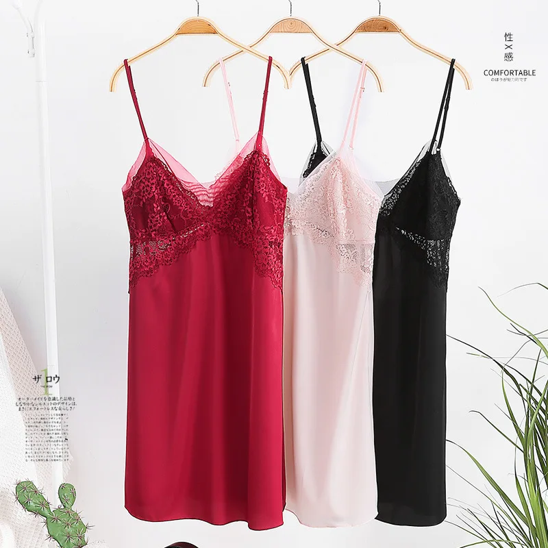 Burgundy Women Summer Nightgown Sexy Lace Strap Top Nightdress V-Neck Rayon Shorts Sleepshirts Lingerie Loose Home Dress