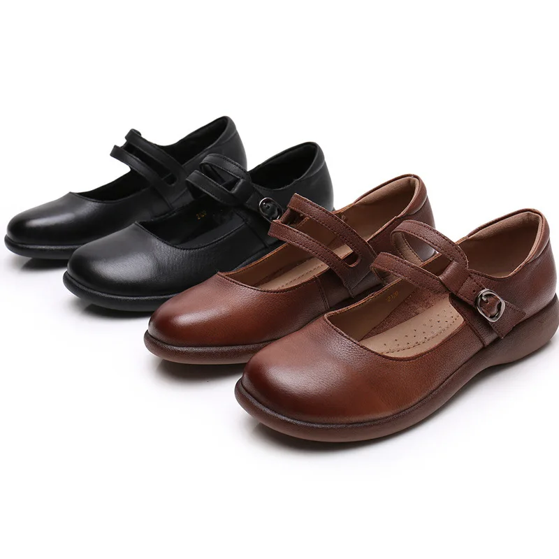 GKTINOO Leather Shoes Women Mary Janes Genuine Leather Women\'s Shoes Round Toe Belt Buckle Ladies Casual Flats Large Size