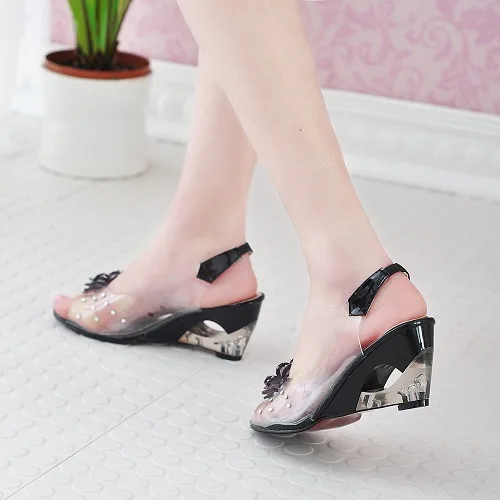 2019 large size 30-43 Fashion Summer Rhinestone Flower wedge High Heels Casual Jelly Shoes Woman Sandals women\'s shoes899