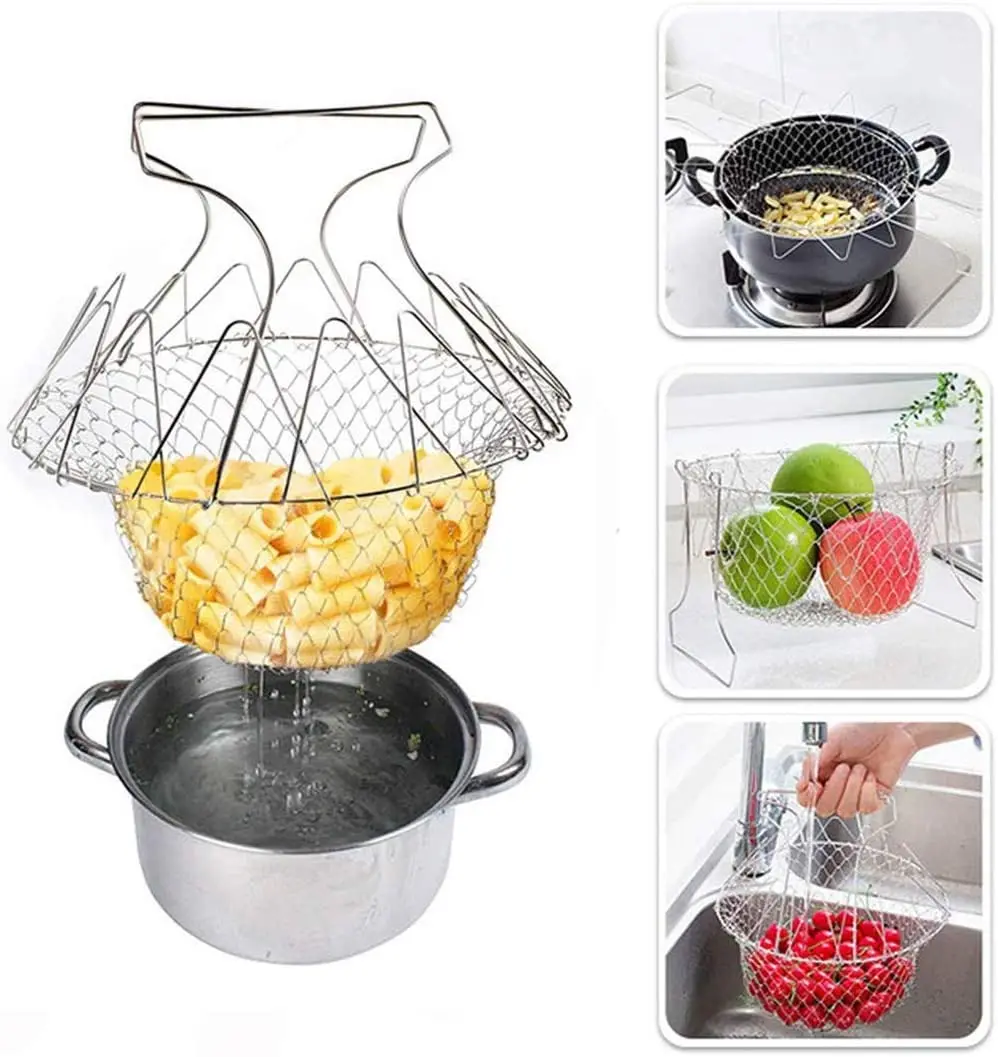 

Stainless Steel Frying Basket Telescopic Folding Stainless Steel Foldable Fry Basket Filter Drainage Rack for Food or Fruits