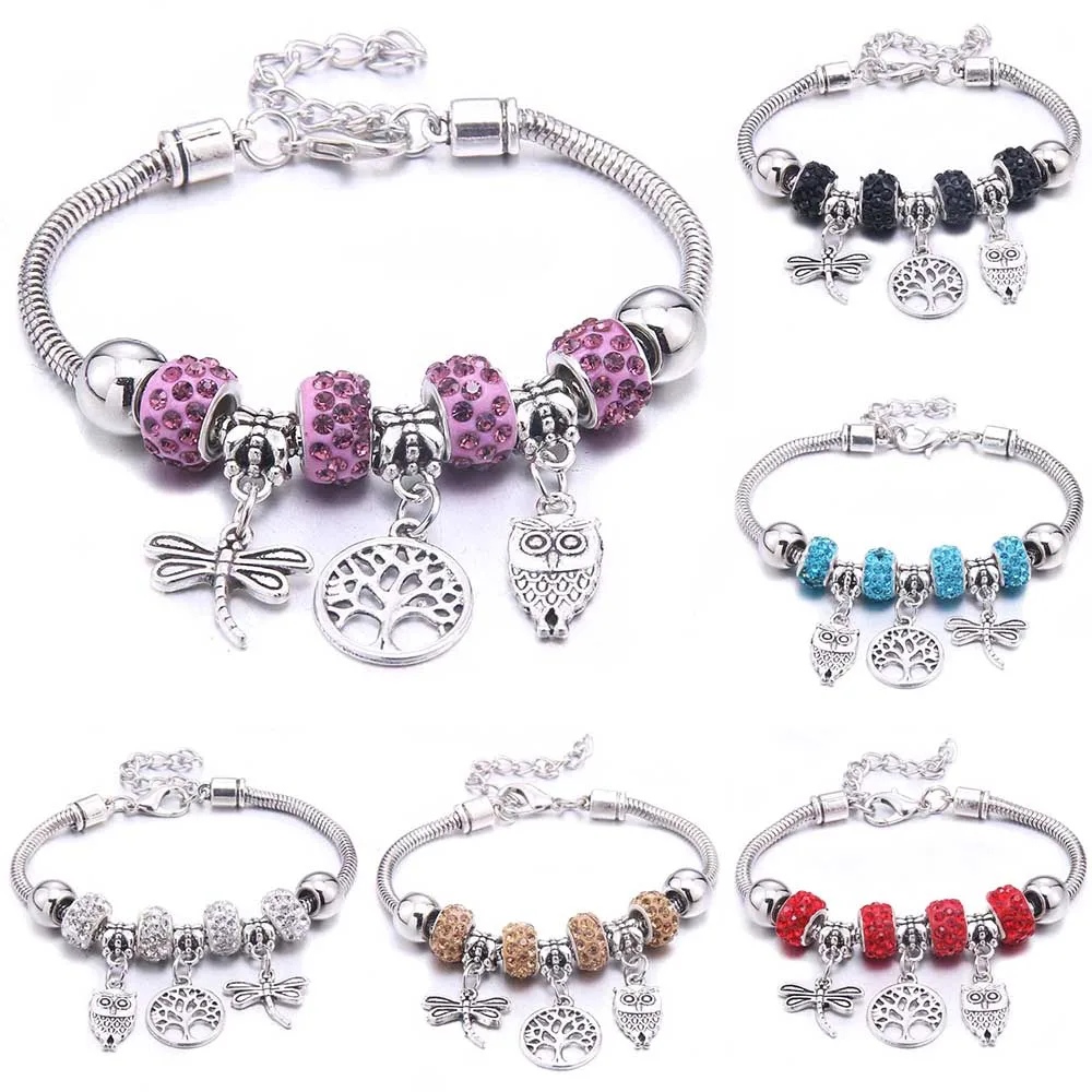 Dropshipping dragonfly owl Shape Crystal Charm Bracelets Beads Bracelet Women DIY Beads Brand Bracelets & Bangles Jewelry Gift