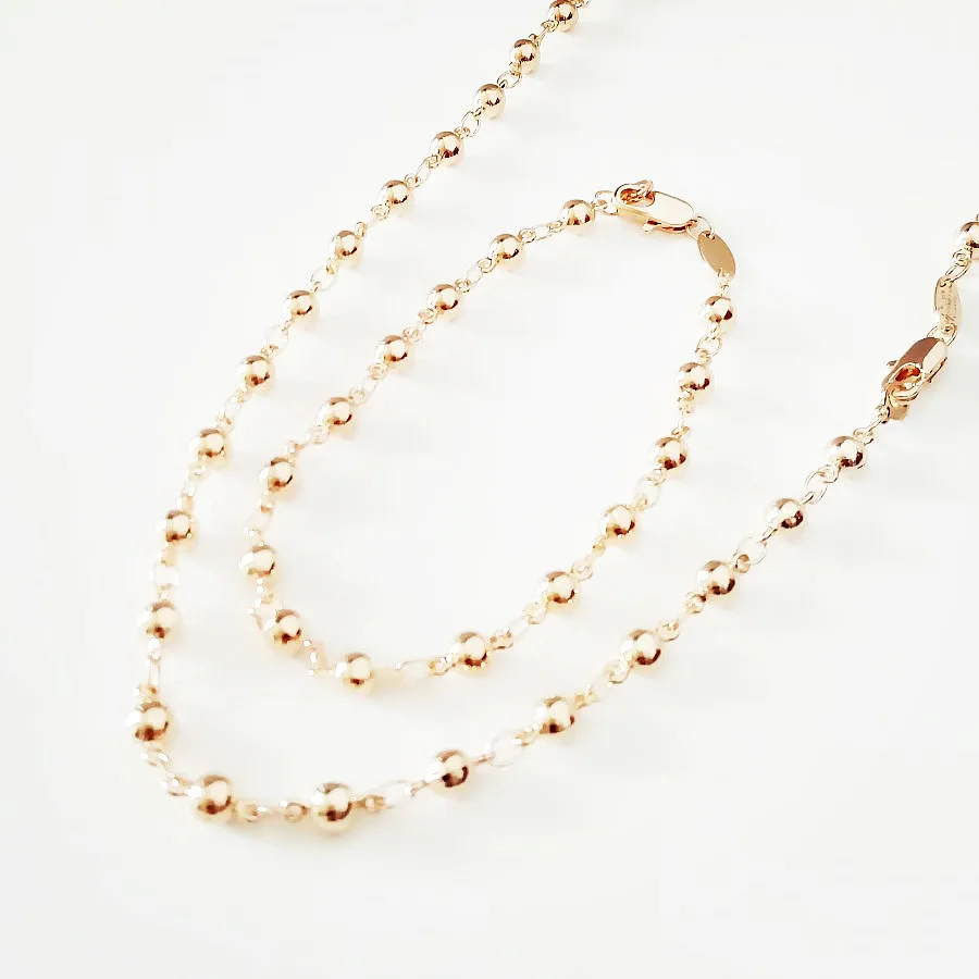 4 MM Wide Cute Ball Link Women Bracelet/Necklace Jewelry Sets 585 Gold Color Wedding Jewelry Beads image 5