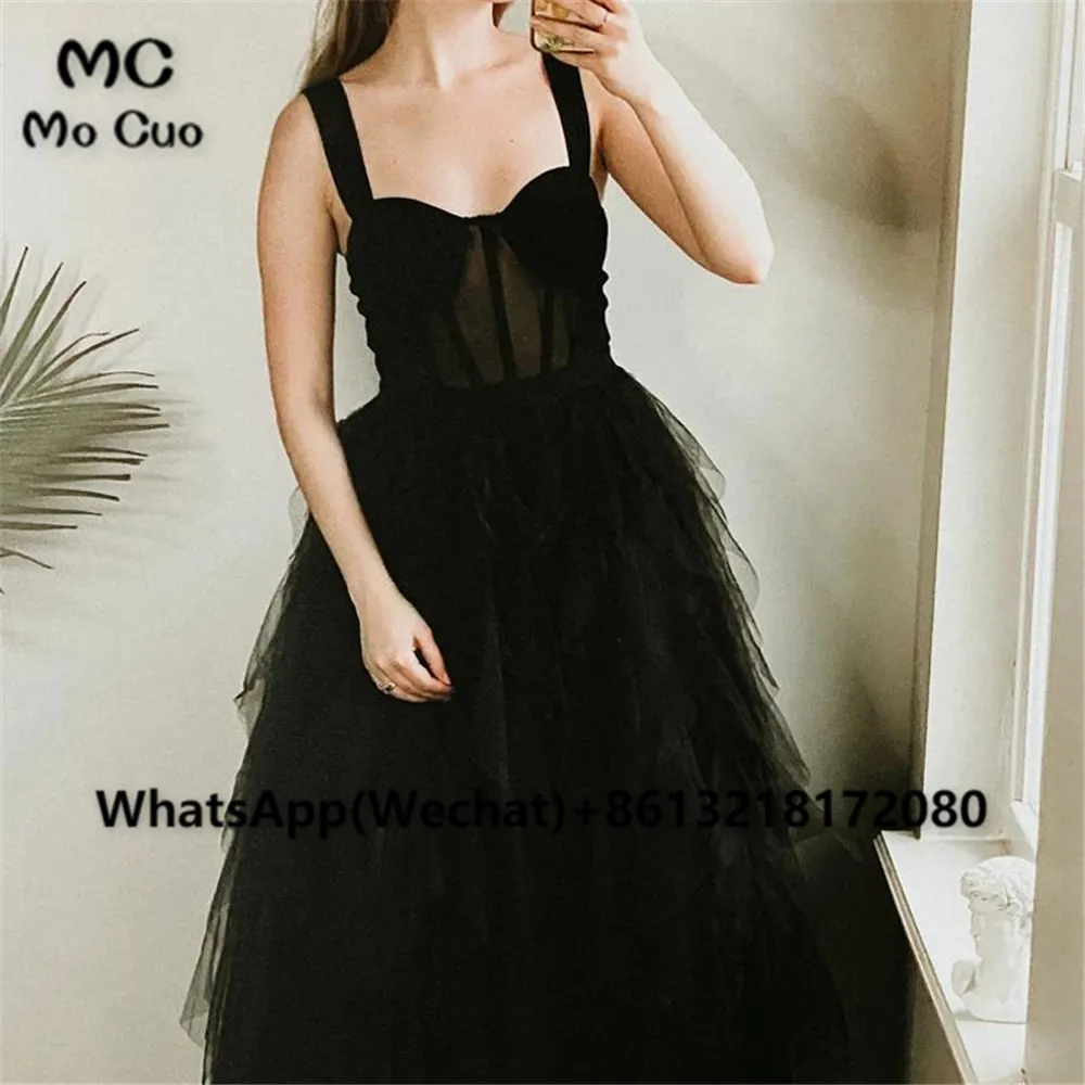 2021 Vrouwen Sweetheart Hals Slip Homecoming Jurk Zwart Tiered Backless Illusion Bustier Jurk Tule Cocktail Gown Party Dress