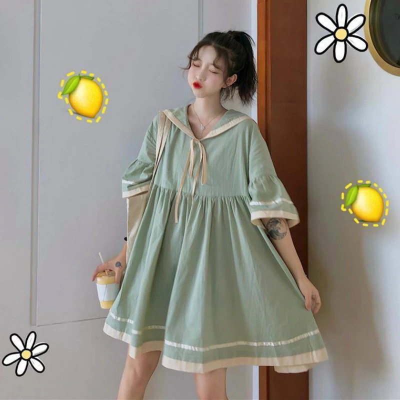 Short Flare Sleeve Dress Women Sailor-collar Bow Kawaii A-line Lace-up Pleated Striped Loose Harajuku Students Summer Preppy New