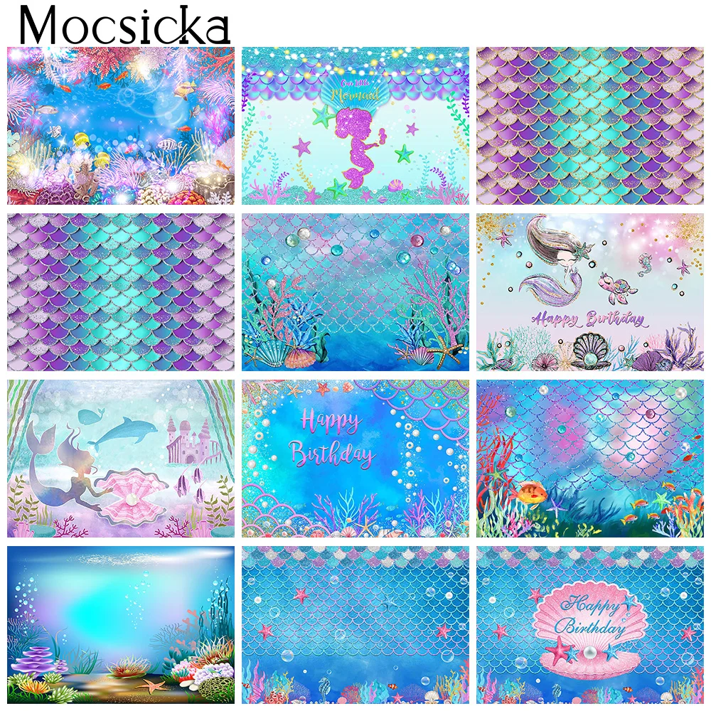 

Little Mermaid Birthday Backdrop Under the Sea Ocean Newborn Kids Portrait Photo Background Props Mermaid Princess Mermaid Scale