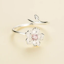 New Arrivals 925 Sterling Silver  Rings for Women Adjustable Size Ring pink zircon cherry blossom Ring