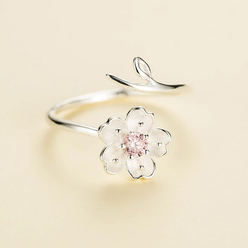 New Arrivals 925 Sterling Silver  Rings for Women Adjustable Size Ring pink zircon cherry blossom Ring