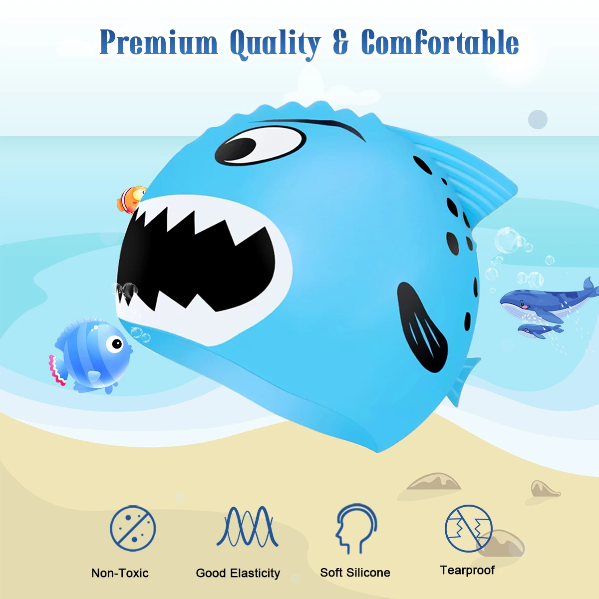 Swimming Accessories Kids Anti UV Shark Swimming Goggles Swimming Cap Silicone Nose Clip with Storage Bag for Children Age 3-12