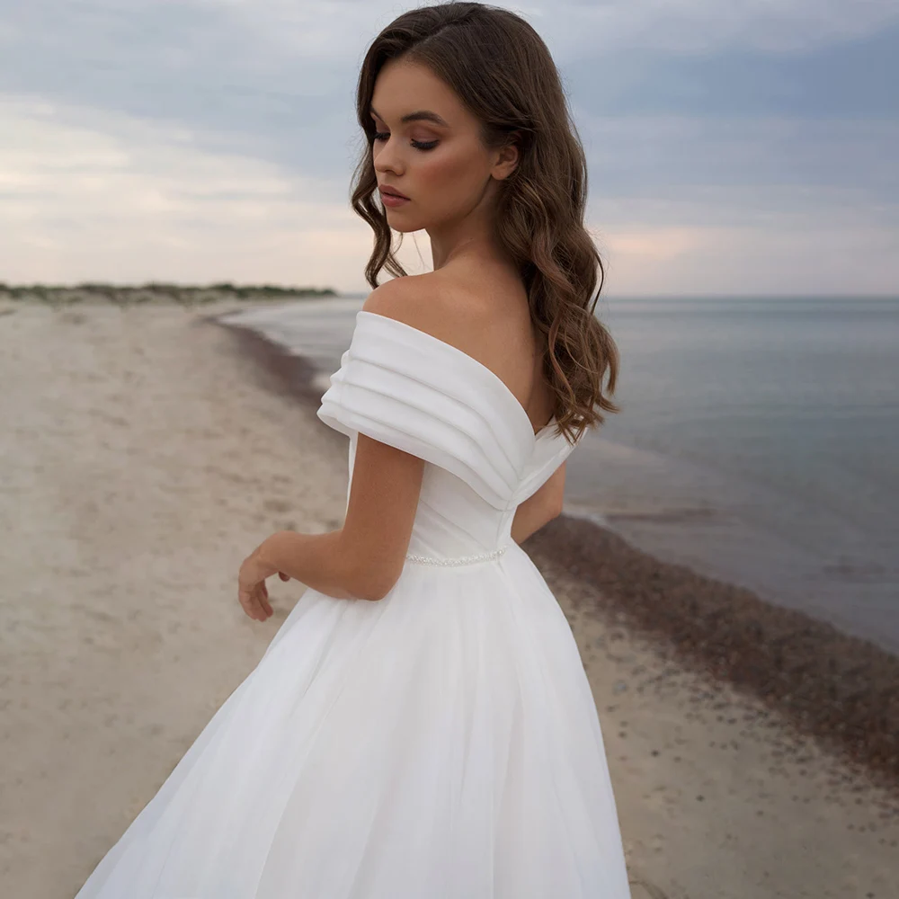 Abito da sposa da spiaggia semplice incrociato con spalle scoperte su misura Plus Size avorio Backless increspato Organza semplici abiti da sposa lunghi