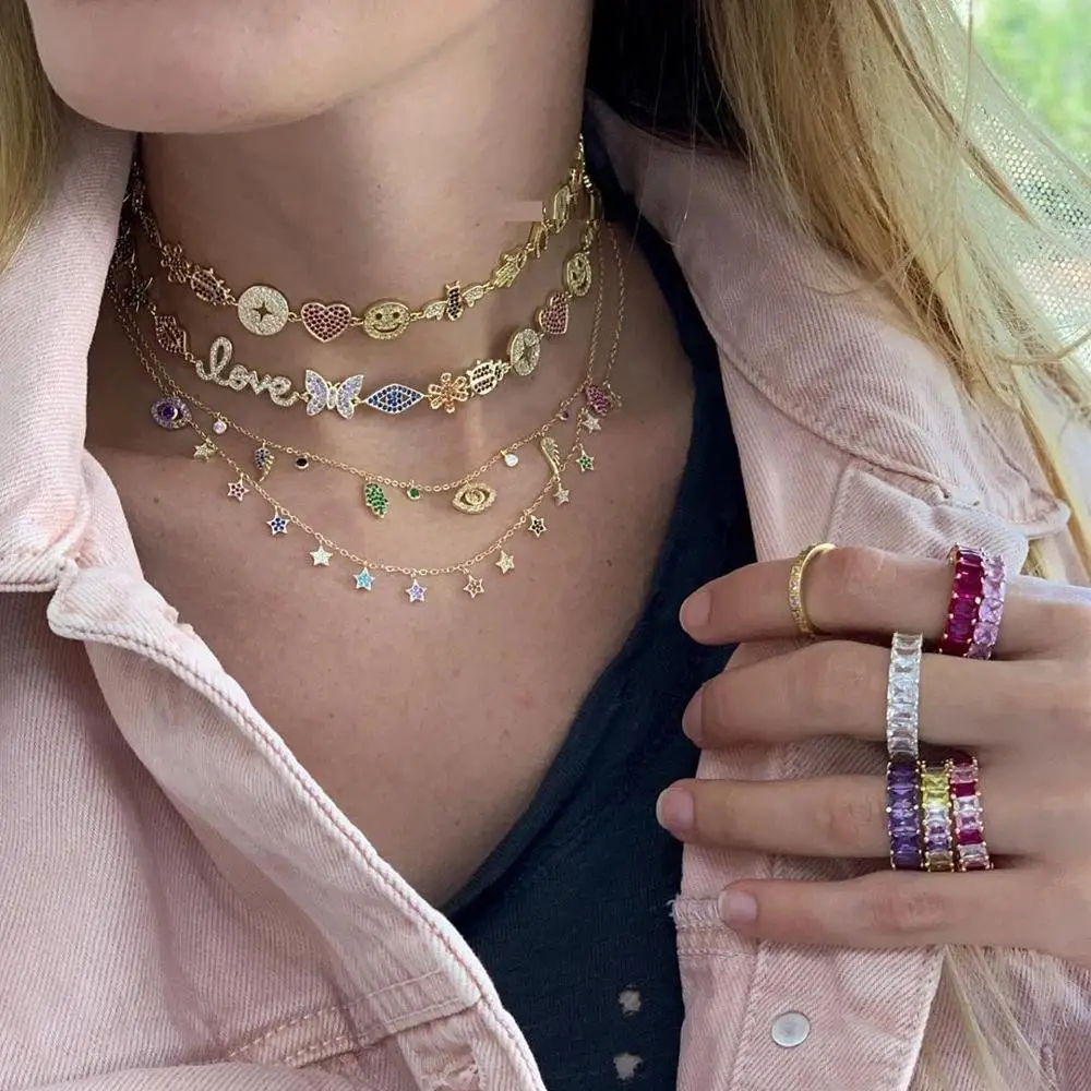 Luxury Women Fashion jewelry Micro pave colorful cz lucky charm link chain cute animal eye statement necklace