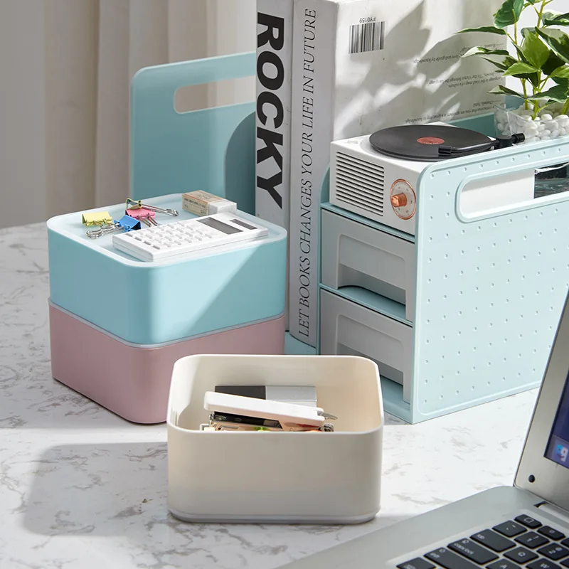 Multifunction Desktop Superimposed Storage Box with Cover Mini Makeup Box Korean Keys Kawaii Storage Bins  Desktop Organizer