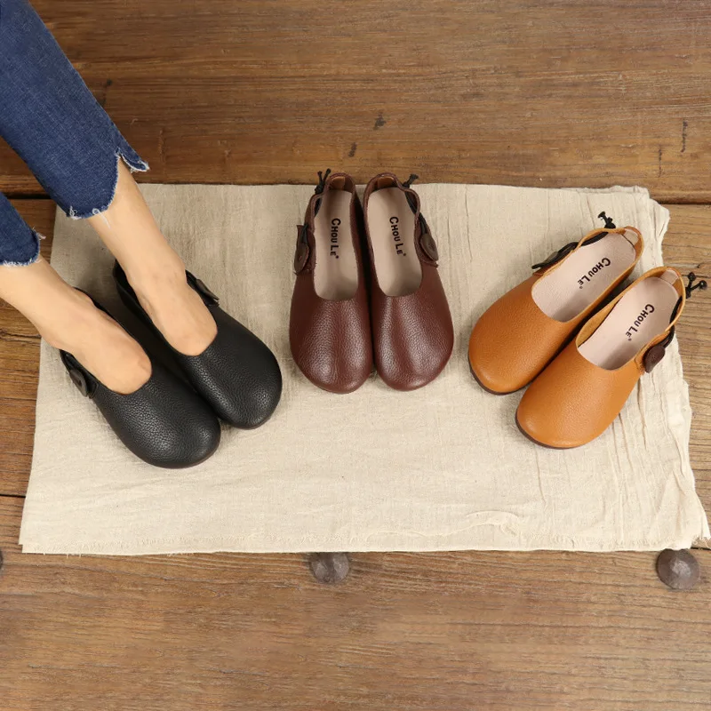 Chaussures en cuir à bout rond pour femmes, boucle à crochet