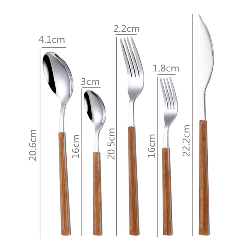 304 Stainless Steel Tableware with Wooden Handle Spoon Steak Knife Fork Teaspoons for Home Kitchen Dinnerware Cutlery Utensils