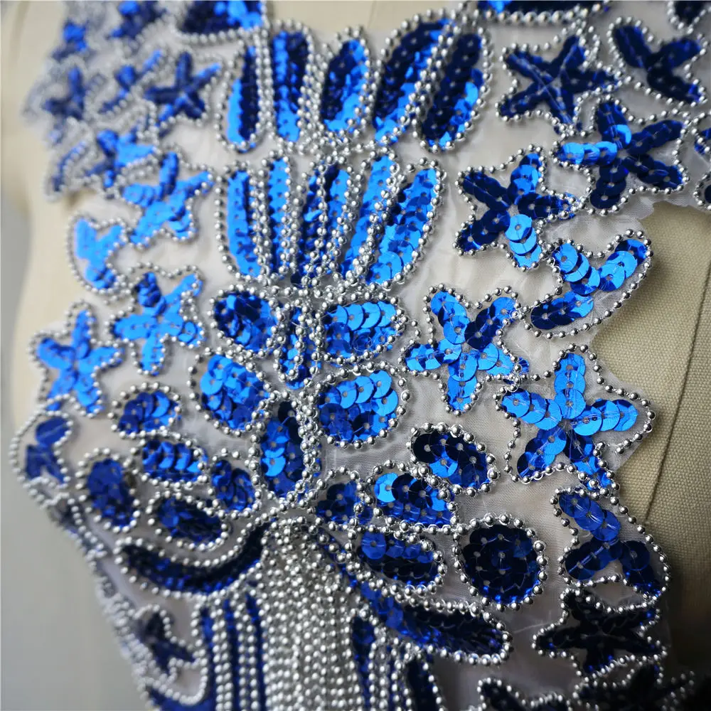 Royal Blue Sequin Lace Fabric Beads Tassel Wedding Gown Appliques Collar Baroque Embroidery Sew Patch For Dress DIY Decoration