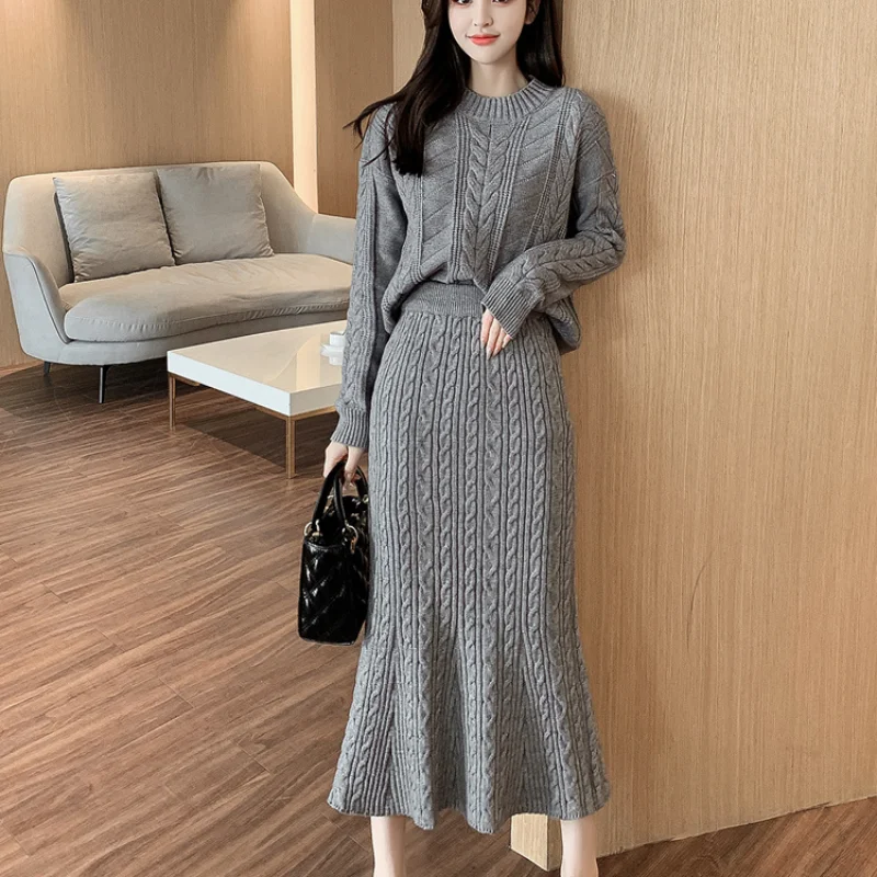 New Autumn Winter Fashion Twist Pullover Sweater Top + Midi Skirt Elegant Knitted Two Piece Sets Womens Outfits