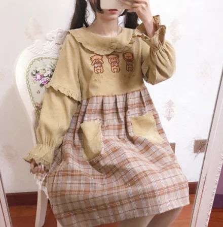 Kawaii girl 고딕 스티칭 격자 느슨한 레이스 피터팬 칼라 빅토리아 드레스, 로리타 op loli cos 일본 달콤한 로리타 드레스