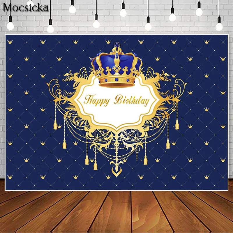 Little Prince Royal Blue Baby Shower Backdrop Black Boy Gold Crown Photography Background for Birthday Party Decoration Poster