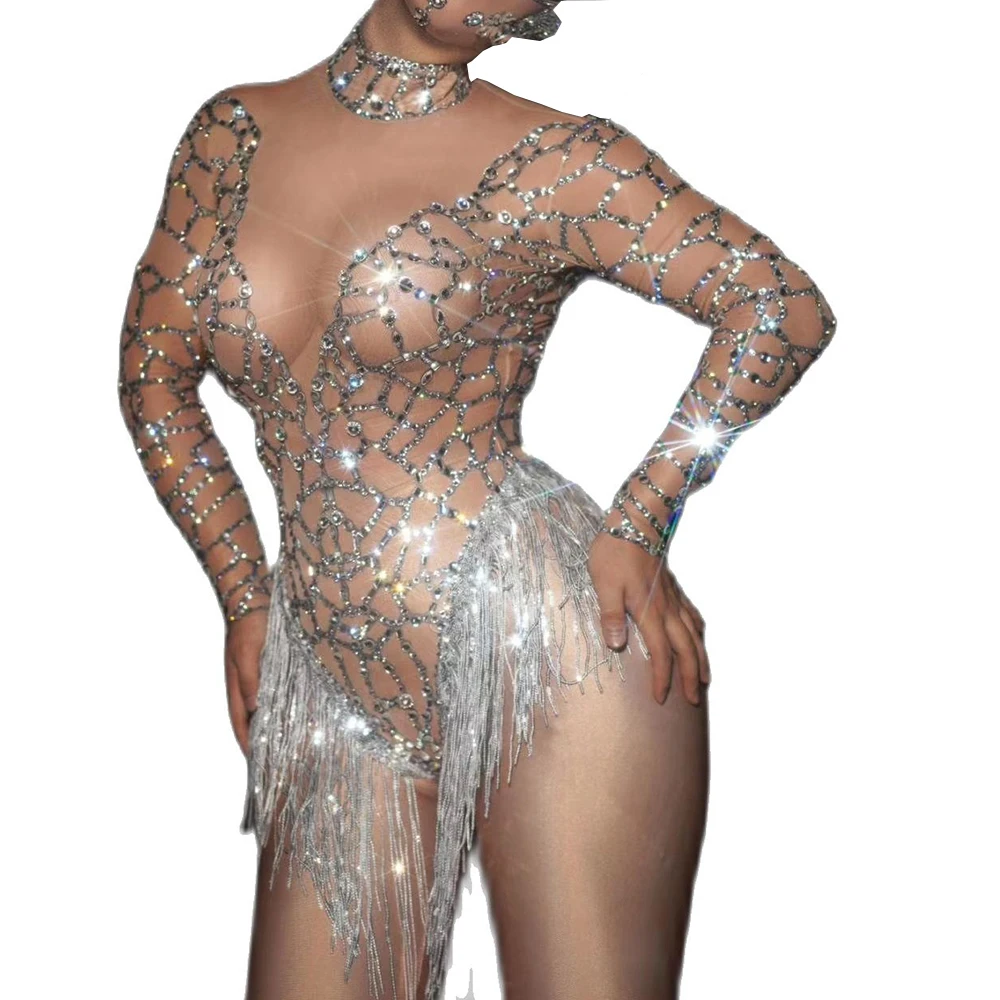 

Women Shining Rhinestones Bodysuit Decoration Sequins Tassel Party Sexy Nightclub Dance Show Wear Bar Dance Costumes