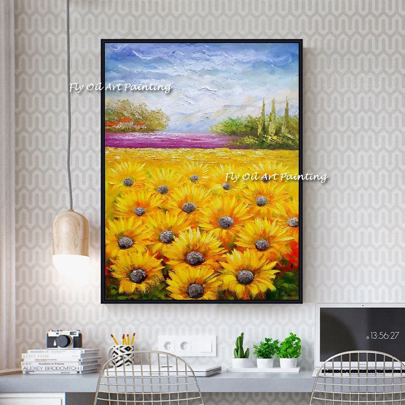 Sunflower Field Landscape Hand Oil Painting On Canvas Bedroom Decor Modern Wall Art Living Room No Frame Picture Home Decoration