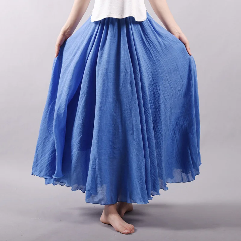 Women\'s Elegant High Waist Linen Maxi Skirt 2022 Summer Ladies Casual Elastic Waist 2 Layers Skirts saia feminina