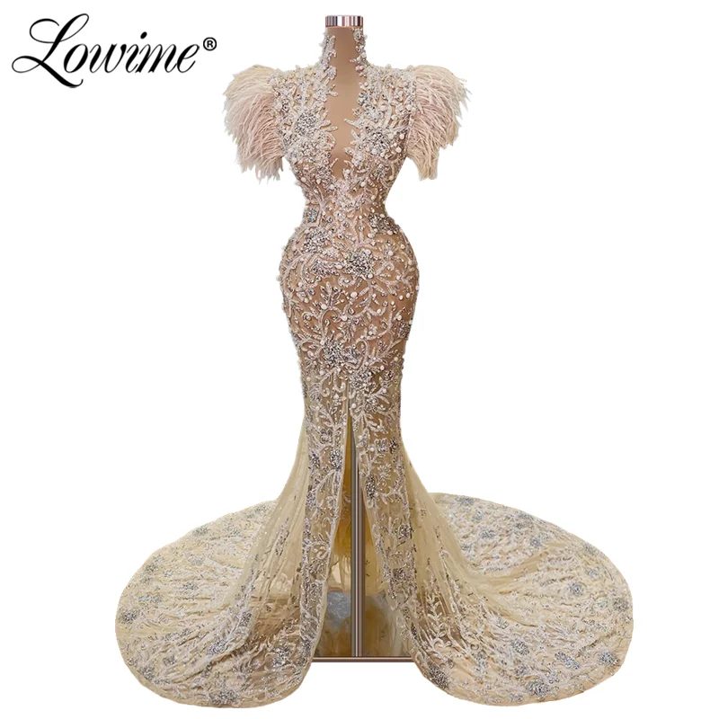 Lowime Light Champagne Pearls Long Evening Dresses Robes Feathers Capped Sleeves Mermaid Party Gowns For Weddings Prom Dresses