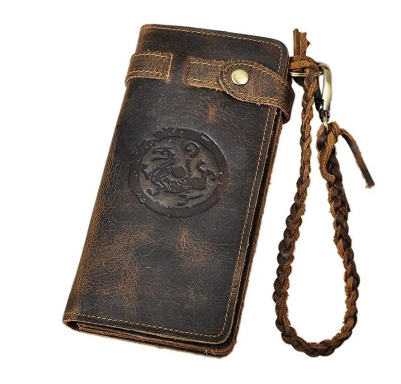 

Crazy Horse Leather Handmade Male Long Designer Casual Chain Wallet Fashion Male Multi-layer Day Clutch Bag Purse 3377