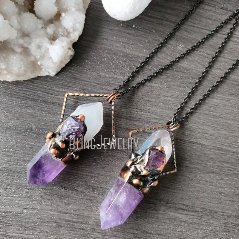 Natural Amethyst Crystal Quartz Double Point Hoop Pendant Talisman Necklace Electroforming Copper Halloween Steampunk Jewelry