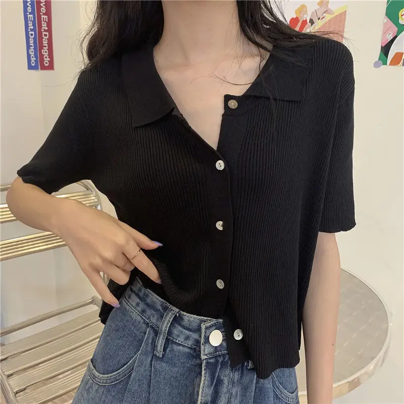 Short Sleeve T-shirts Women Lapel Collar Solid Simple Knitted Single Breasted Female Tops Preppy Style All-match Vintage Fashion