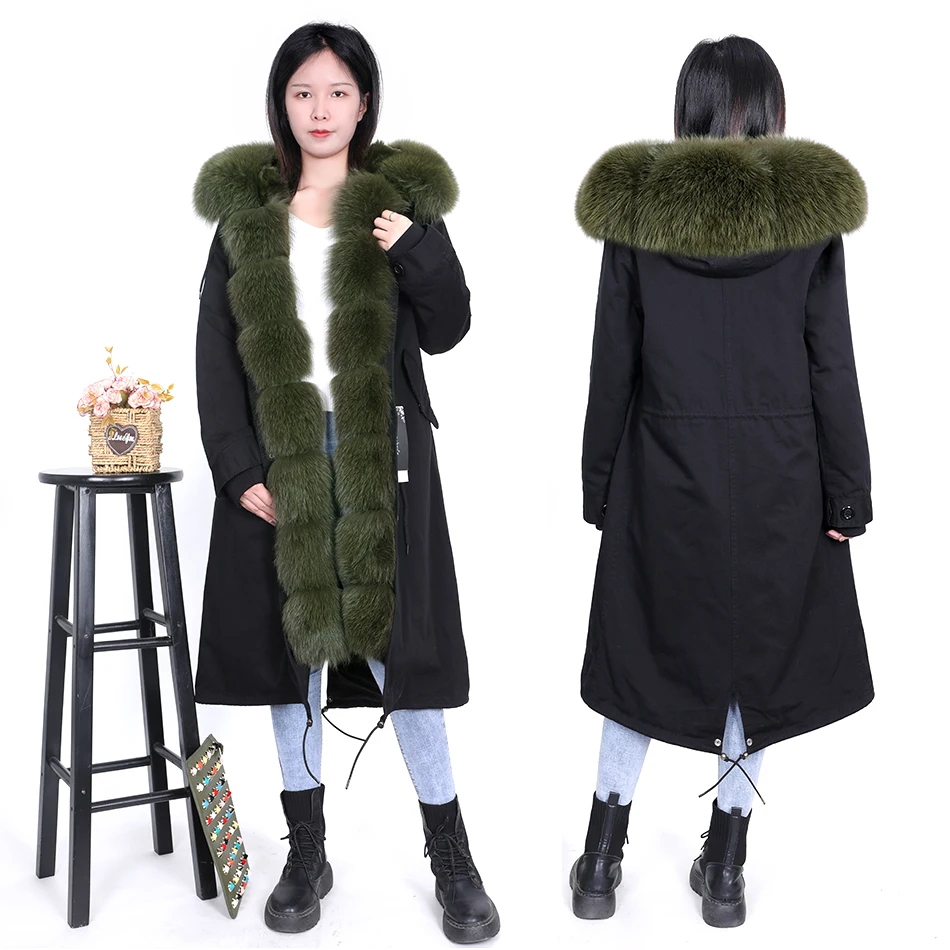 2020 new army green fox fur over-the-knee pie overcame women's thick rabbit fur liner winter long jacket top detachable