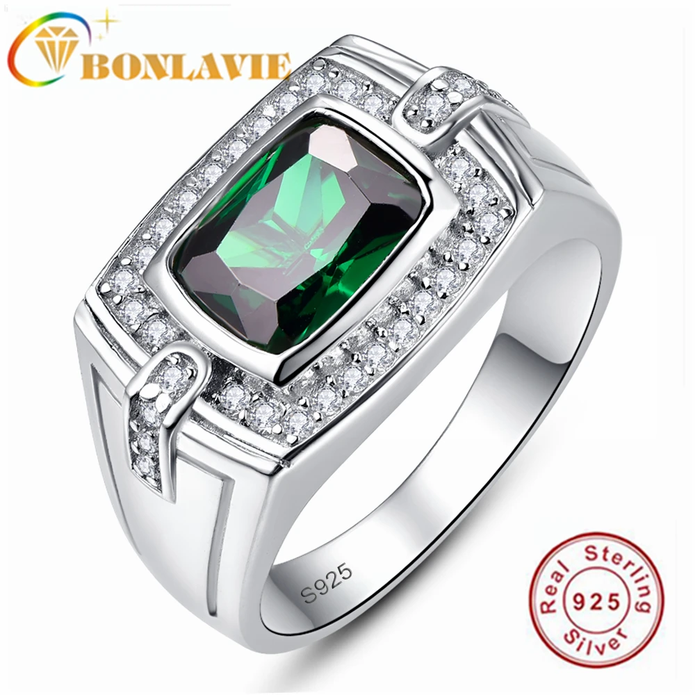 BONLAVIE 925 Sterling Silver Long Cushion Emerald with Small Zircon Men\'s Ring for Wedding and Engagement Jewelry Gift