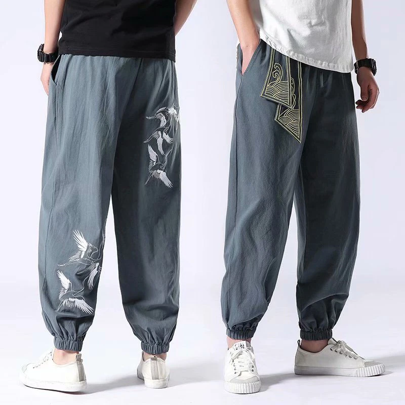 Chinese Men's Pants Harajuku Retro Crane Embroidery Men's Trousers Harem Pants Cotton Linen Plus Size Kimono Yukata Streetwear