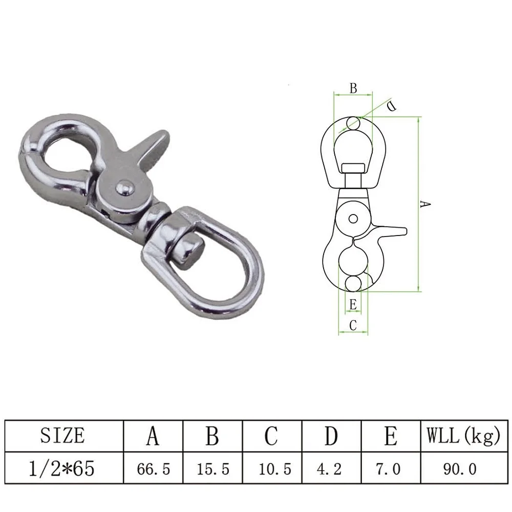 5PCS Trigger Clip Hook Stainless Steel 316 Swivel Spring Eye Snap 65mm Snap Hook