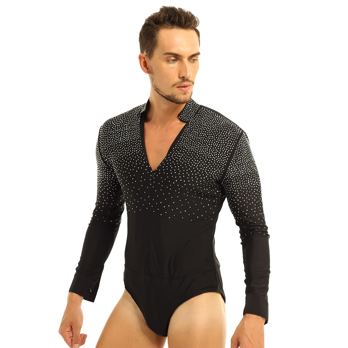 

Mens Shiny Rhinestones V-neck Long Sleeve Ballroom Jazz Latin Tango Rumba Dance Shirt Leotard Tight Fitting Bodysuit Shirt Tops