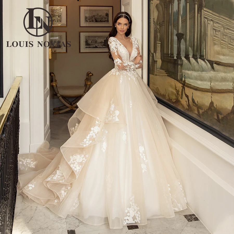 LOUIS NOVIAS Ball Gown Wedding Dresses For Women Sexy V-Neck 3D Flowers Appliques Wedding Gown High Quality Vestidos De Novia