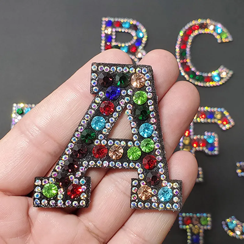 26 English Letters Colorful Rhinestone Patches For Clothes A-Z Alphabet Crystal Applique Iron On Clothing Patches DIY Name Craft