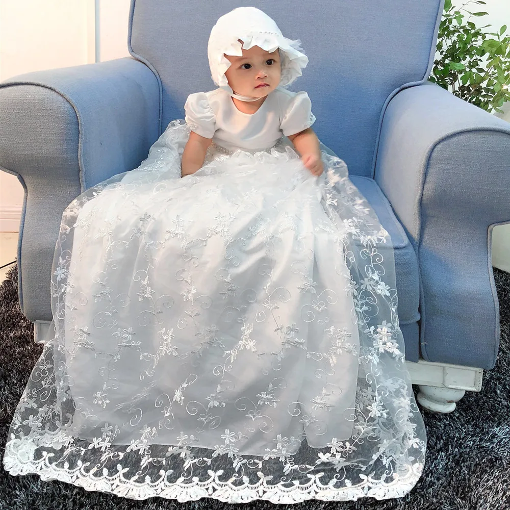 Laço branco princesa bebê primeira comunhão vestidos meninas vestido com faixas de fita crianças vestido longo da menina de flor