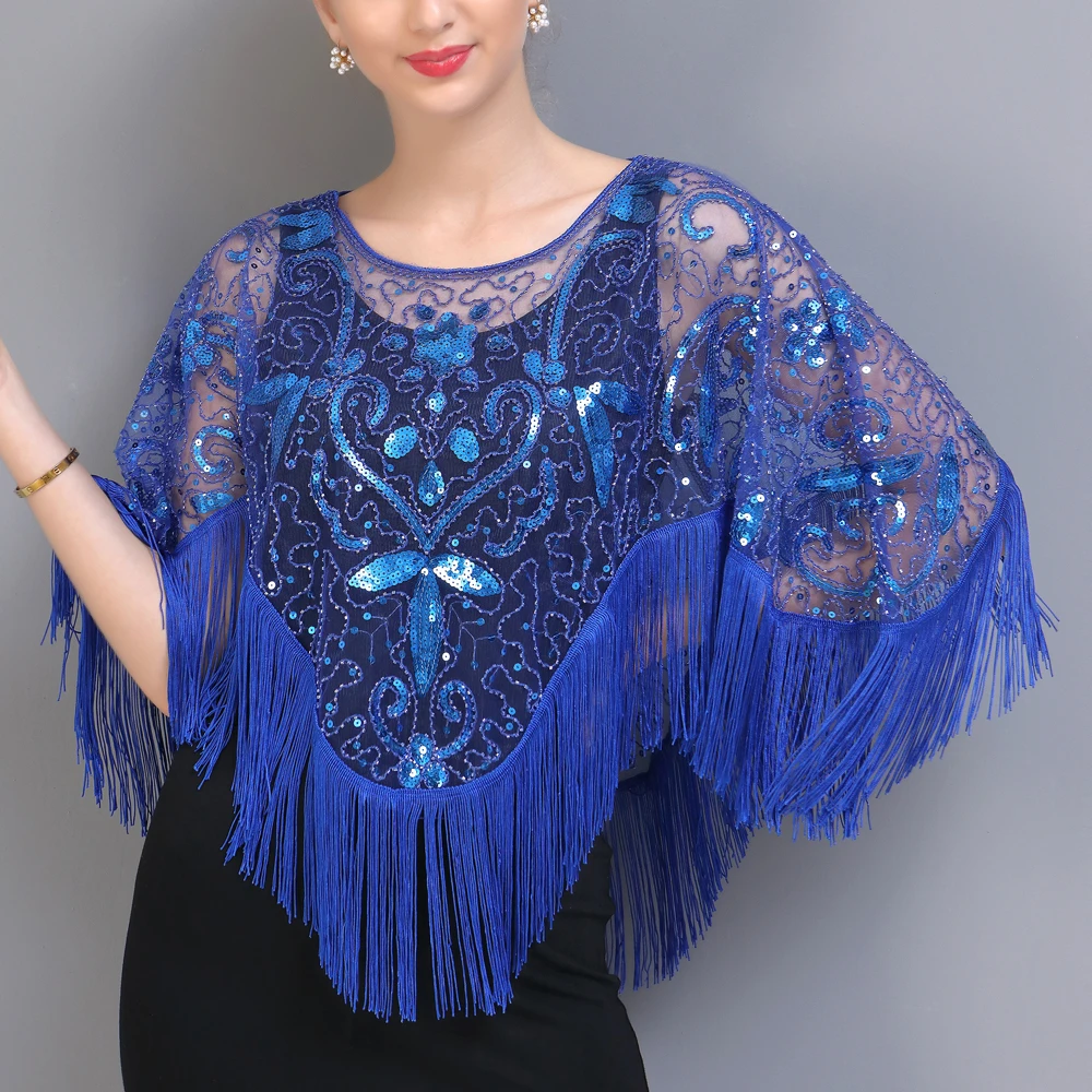 

Vintage Evening Cape 1920s Flapper Dress Accessories Shawls Scarves Wraps Poncho Sequin Beaded Fringe Cover Up