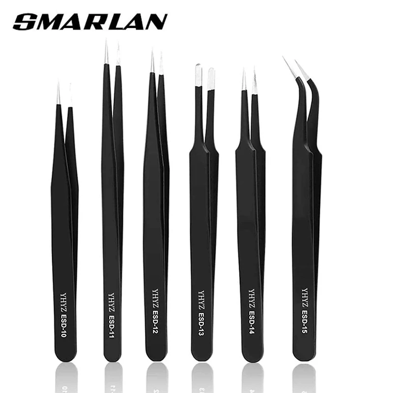 SMARLAN 6 Buah Set Pinset Baja Tahan Karat Anti Statis ESD Kit Alat Perbaikan Pemeliharaan Alat Pembuat Model Anti Statis Set Alat Tangan