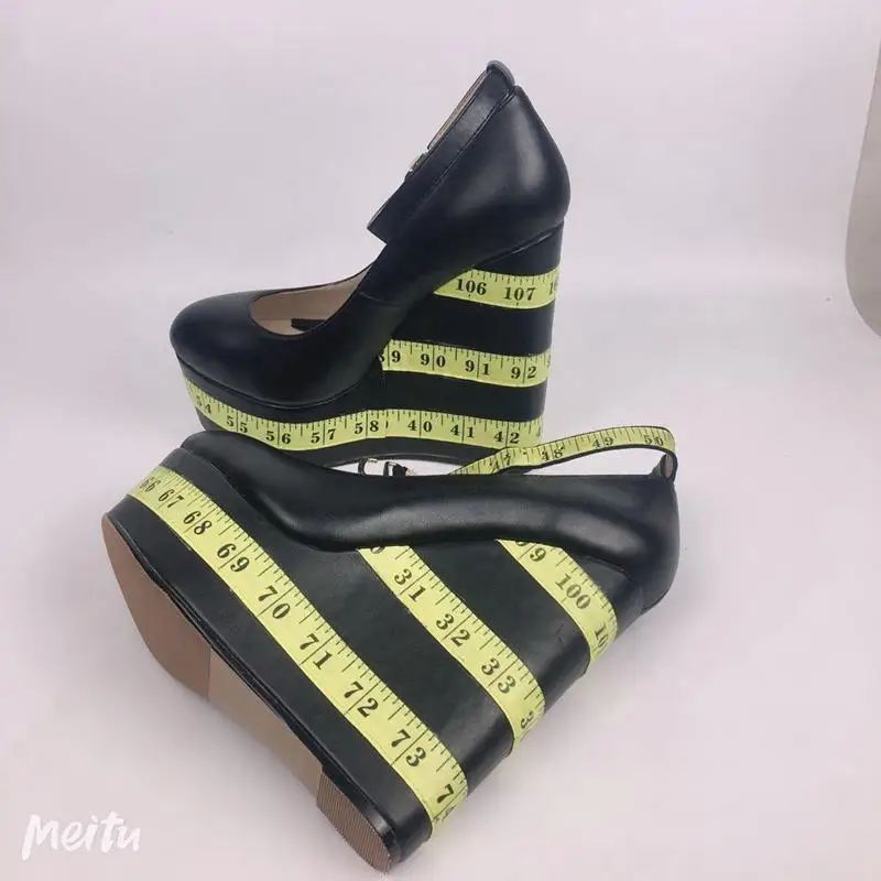 Designer Woman Yellow Measure Ruler Platform Super Wedge Heel Pumps Lady Ankle Strap Patchwork Ultra Heel Shoes