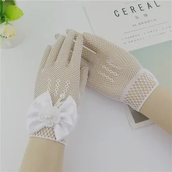 1 paar Mädchen Kinder Weiß Spitze Hochzeit Handschuhe Faux Perle Bowknot Fishnet Handschuhe Kommunion Blume Mädchen Party Zeremonie Zubehör