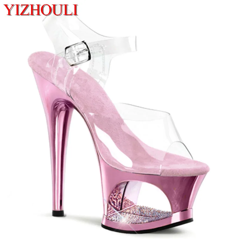 17 cm high heels with buckle fish mouth, two waterproof platform sandals with pink plating, model pole dancing shoes for perform